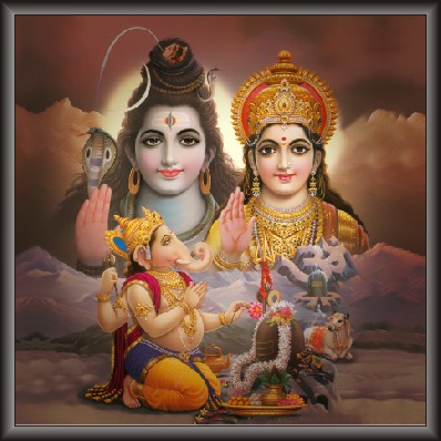 Painting Of Ganesh Worshiping Lord Shiva & Maa Par